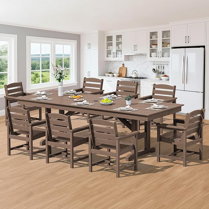 SERWALL Outdoor Dining Table, 84" Rectangular Dining Table for 6-8 Person, All Weather HDPE Patio Dining Table with Umbrella Hole for Backyard, Garden, Brown
