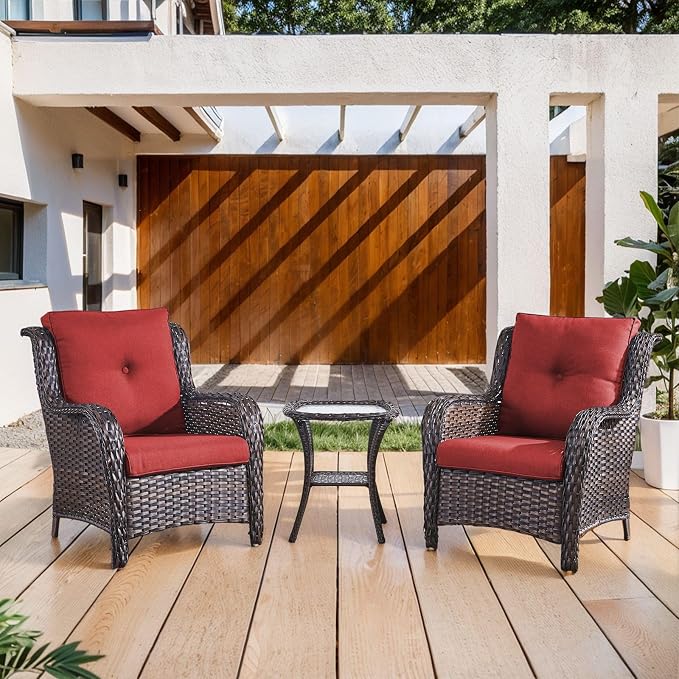 Belord High Back Patio Chairs Set of 2 - Brown Wicker Outdoor Seating, 4" Wide Armrests Rattan Outdoor Club Chairs with Red Removable Cushion for Deck Porch Backyard