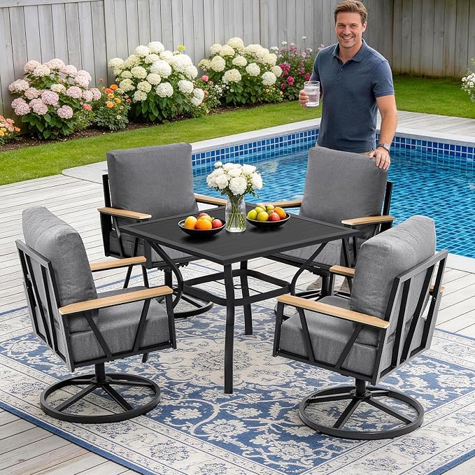 Set of 5 Outdoor Swivel Chairs with Patio Table,Patio Dining Chairs with 5" Thick Cushions,Outdoor Swivel Rocker Chairs with Umbrella Hole Weather Resistant Seating for Balcony Garden