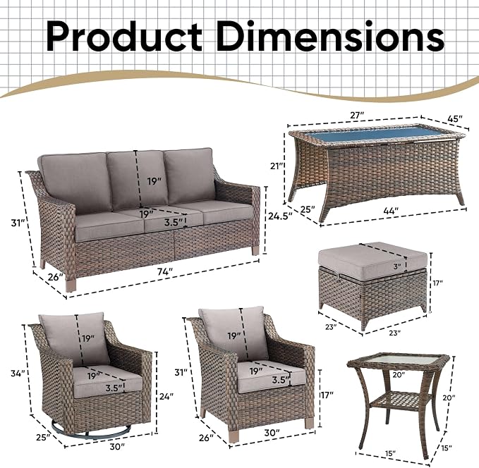 Outdoor Patio Furniture Set-Rattan Wicker Coversation Set with High Back Couch Swivel Glider Chair with Ottomans Outdoor Furniture for Porch Garden Backyard Poolside-Brown/Grey