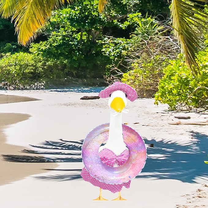 Porch Goose Summer Outfit for Cement or Plastic Goose 23'' Lawn Patio Statue, Bikini Goose Clothes, Hawaiian Outfit with Hat Sunglasses & Swimming Ring for Outdoor Garden Yard Decor (Green)
