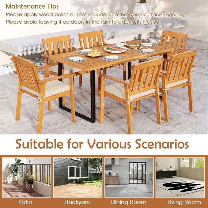 HAPPYGRILL Acacia Wood Patio Dining Table with Umbrella Hole (1.97”), Outdoor Wooden Table for 4-6 People, for Backyard Deck Porch