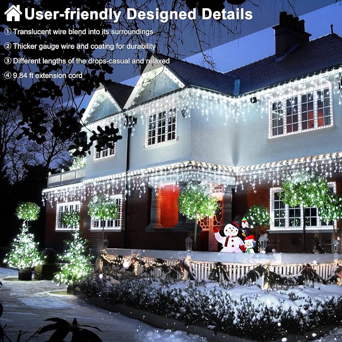 White Christmas Lights Outdoor, 33ft 400 LED Icicle Lights for Outside | Twinkle Lights Plug in 8 Modes Timer Waterproof for House Eaves Patio Window Wedding Party Holiday Decorations, Clear Wire
