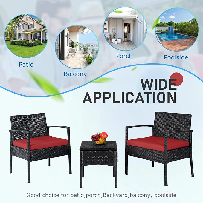 PROHIKER 3 PCS Patio Rattan Conversation Bistro Chairs Set, Outdoor Patio Furniture Wicker Bistro Set with Coffee Table for Garden Porch Balcony Yard Lawn, Red