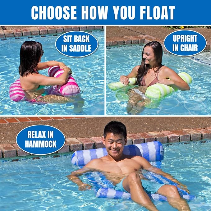 Poolmaster 2- Pack Water Hammock Inflatable Pool Floats for Adults, 4-in-1 Hammock, Saddle, Lounge or Drifter With Quick-Dry Mesh Fabric, 12-Gauge Vinyl Support, Blue