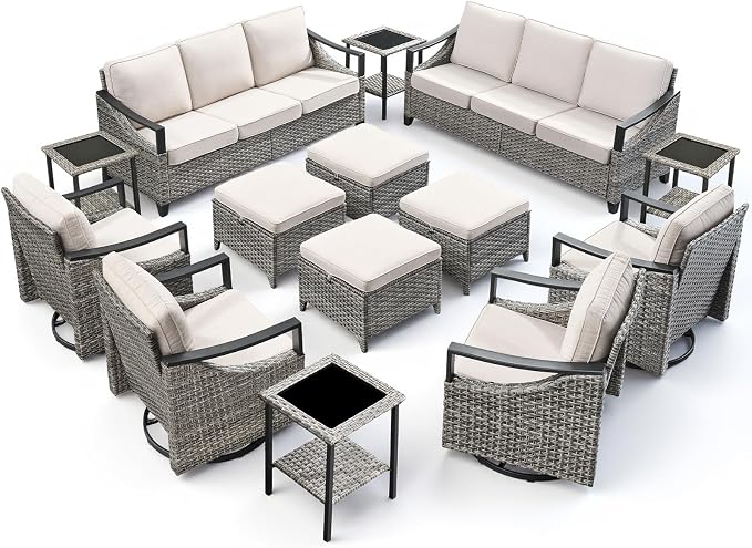 14 Piece Outdoor Patio Furniture Sets-High Back Wicker Swivel Rocker Patio Chairs Set of 4 with Thick Cushions Ottomans, Outdoor Sofa, Patio Conversation Sets for Porch Balcony Patio Deck Grey/Beige