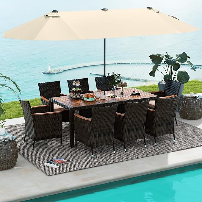Tangkula 11 Piece Rattan Outdoor Dining Set with 15Ft Patio Umbrella for 8, Outdoor Wicker Table Set with 8 Cushioned Armchairs, Acacia Wood Top, Outdoor Umbrella with Base Included
