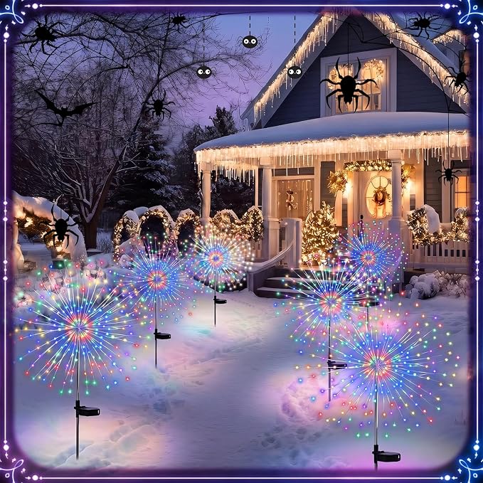 Tujoe 6 Pcs Christmas Solar Firework Stake Lights 180 LED 8 Modes Solar Waterproof LED Sparkler Lights Outdoor Decoration for Garden Patio Yard Pathway Walkway Lawn (Colorful)