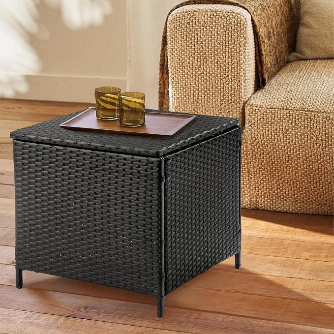 HOMSUPPLIE'S Outdoor Rattan Side Table with Storage, Square Patio Coffee Table w/Tempered Glass Top, Wicker End Table for Porch, Balcony, Poolside & Backyard(Grey,Tempered Glass sty.3)