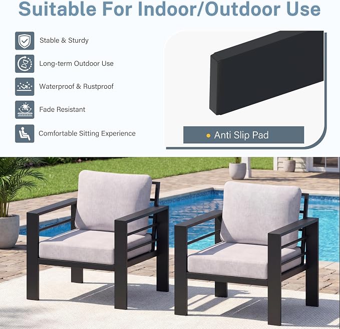 2 Pieces Outdoor Aluminum Armchair, Modern Patio Patio Furniture with 3.54” Wide Seat and Thick Cushions, All-Weather Outdoor Single Sofa for Deck, Porch