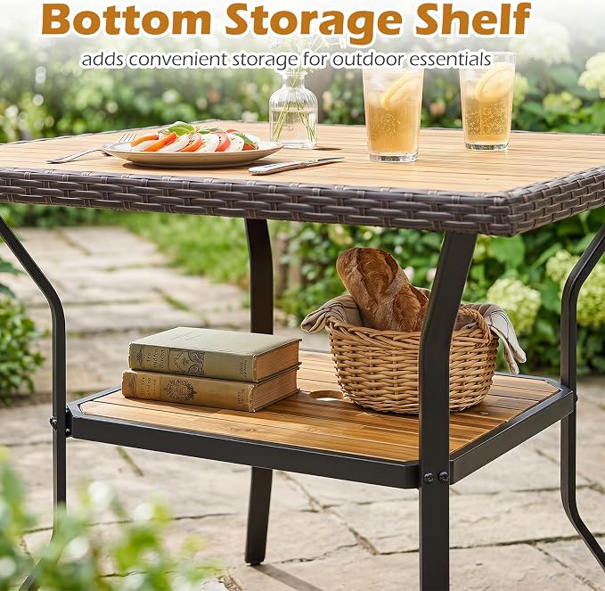 Tangkula 37" Square Wood Patio Dining Table for 4, Metal Frame Outdoor Wicker Table with Acacia Wood Tabletop, 2" Umbrella Hole, Bottom Shelf, Outside Table for Backyard, Garden, Deck, Poolside