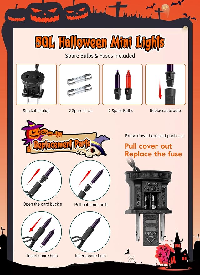 2 Pack Orange & Purple Halloween Mini Lights, 10 Ft 50 Count String Lights | Total 100 Count Incandescent, Connectable Halloween Light for Haunted House Party Holiday Window Indoor Decoration