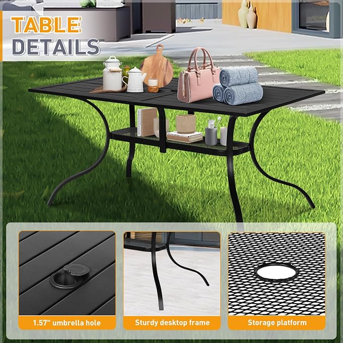 Incbruce 7 Pcs Outdoor Dining Set Wrought Iron Patio Dining Set, Dining Furniture Set (6 Dining Chair and 1 Rectangular Table with 1.57" Umbrella Hole) for Garden,Backyard(Metal Tabletop)