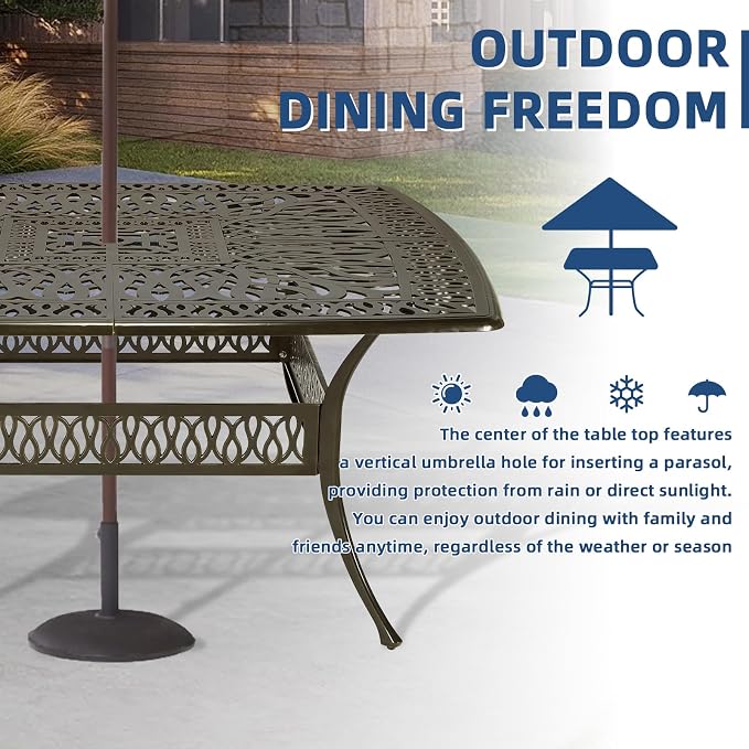 64" Large Outdoor Dining Table with 2.2" Umbrella Hole, Cast Aluminum Outdoor Patio Dining Table for 8 Person, All Weather Large Square Patio Table for Garden Lawn Backyard, Dark Bronze