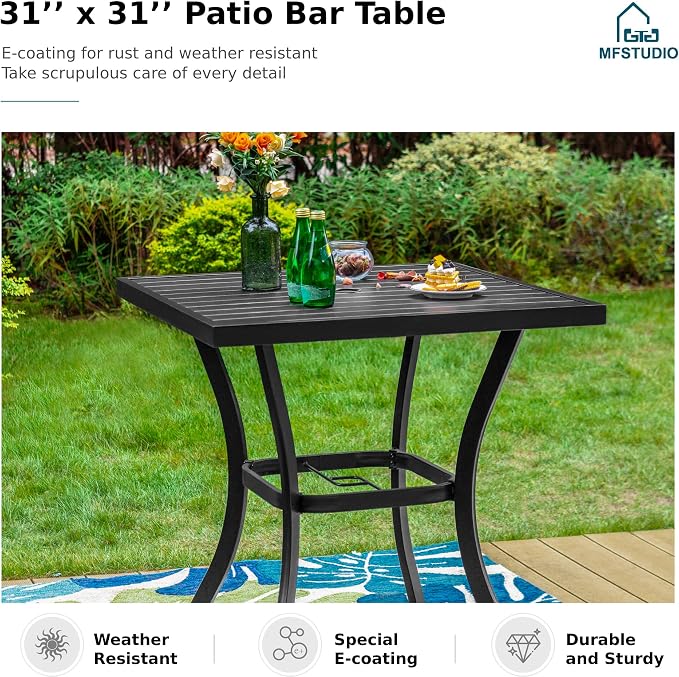 MFSTUDIO 36” Patio Counter Height Bar Table, Square Metal Outdoor Patio Table Heavy Duty, Black