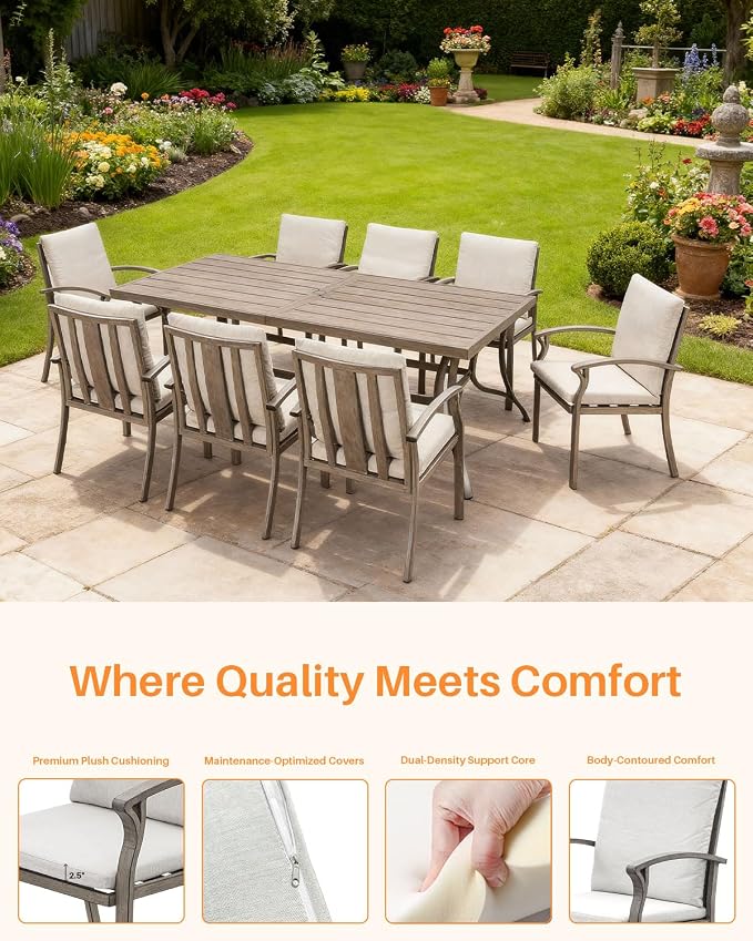 9-Piece Outdoor Dining Set, Never Rusts Aluminum Patio Dining Set with Umbrella Hole, Outdoor Table and Chairs with Cushions, Patio Furniture Sets for Decks, Lawn, Garden, Backyard, Limed Oak