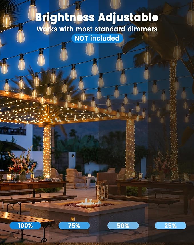 110FT(100+10) String Lights Outdoor, 2FT Bulb Spacing, Waterproof Shatterproof Warm White ST38 LED Edison Bulbs, Extension Cord, Plug in Connectable Hanging Patio Lights for Outside, Backyard