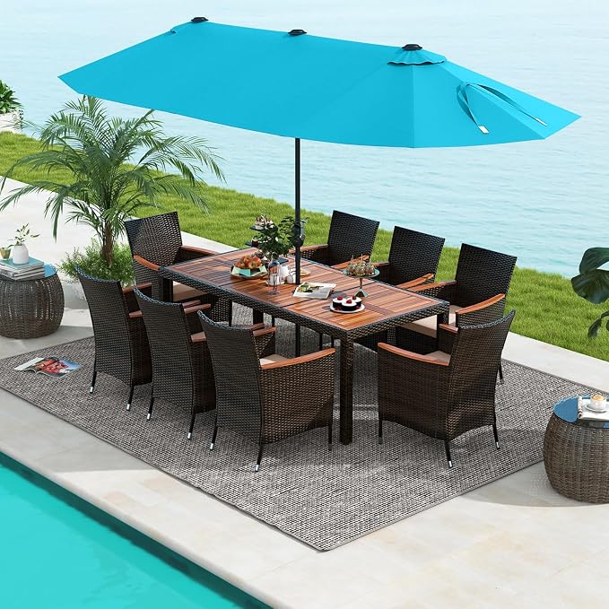 Tangkula 11 Pieces Rattan Outdoor Dining Set with 15Ft Solar Patio Umbrella for 8, Outdoor Wicker Table Set with 8 Cushioned Chairs, Acacia Wood Top, Outdoor Umbrella with Base Included