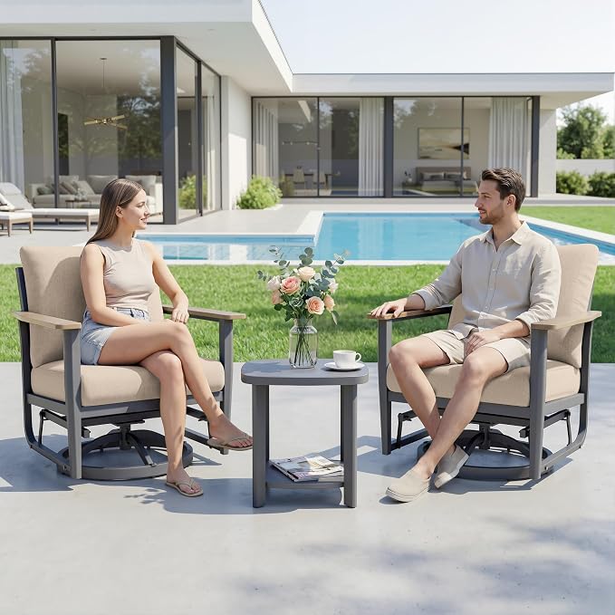Aluminum Swivel Rocking Chairs, 3-Piece Outdoor Patio Furniture Set with Side Table, Rust-Proof Metal Gliders with Wood-Like Armrests & 5.1" Thick Cushions for Backyard, Porch, Khaki