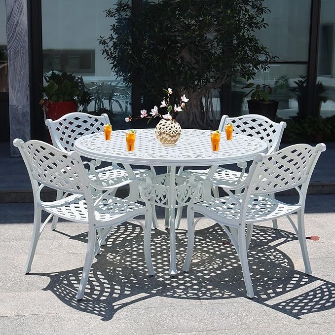 7 Pieces Cast Aluminum Outdoor Dining Set, Round 48" Dining Table with 2.36" Umbrella Hole and 6 Armchairs,All-Weather Patio Bistro Dining Set Outdoor Furniture Set for Patio, Balcony,White