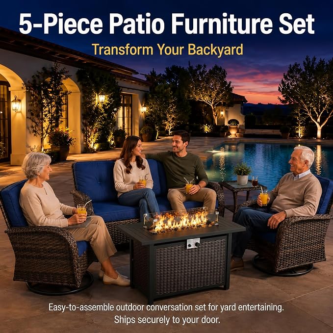 HUMMUH 5-Piece Wicker Swivel Rocker Patio Set with Fire Pit | 50,000 BTU fire pit, powder-coated steel frame, PE wicker, 360-degree swivel, 4-inch sponge cushions