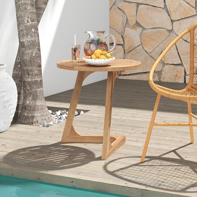 Giantex Teak Wood Outdoor Side Table, Round Patio End Table with Slatted Tabletop, Waterproof Sofa and Couch Side Table for Porch, Poolside, Living Room, Small Spaces, Easy Assembly, Natural