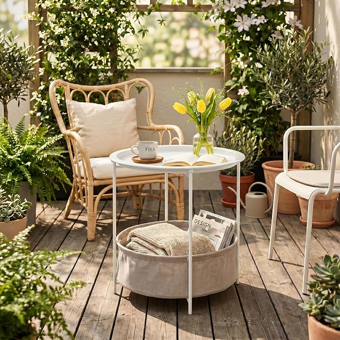 VECELO Round Side/End Table with Fabric Storage Basket,Metal Anti-Rust and Waterproof Small Bedside Nightstand with Removable Tray Top for Living Room,Balcony & Laundry,Beige/1pcs with Basket