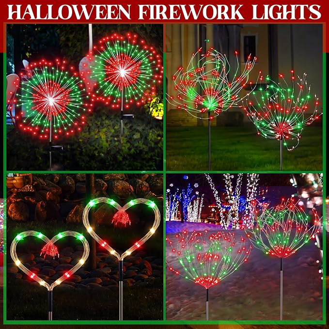 Tujoe 6 Pcs Christmas Solar Firework Stake Lights 180 LED 8 Modes Solar Waterproof LED Sparkler Lights Outdoor Decoration for Garden Patio Yard Pathway Walkway Lawn Xmas Decor (Red-Green)