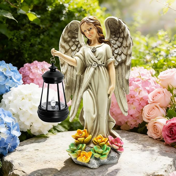 Solar Garden Statue Angel Figurine - 11.8 Inch Fairy Angel Solar Lights Outdoor with Hanging Lantern for Balcony Patio Yard Ornament, Cemetery Grave Decoration, Gifts for Women Mom, Memorial Gifts