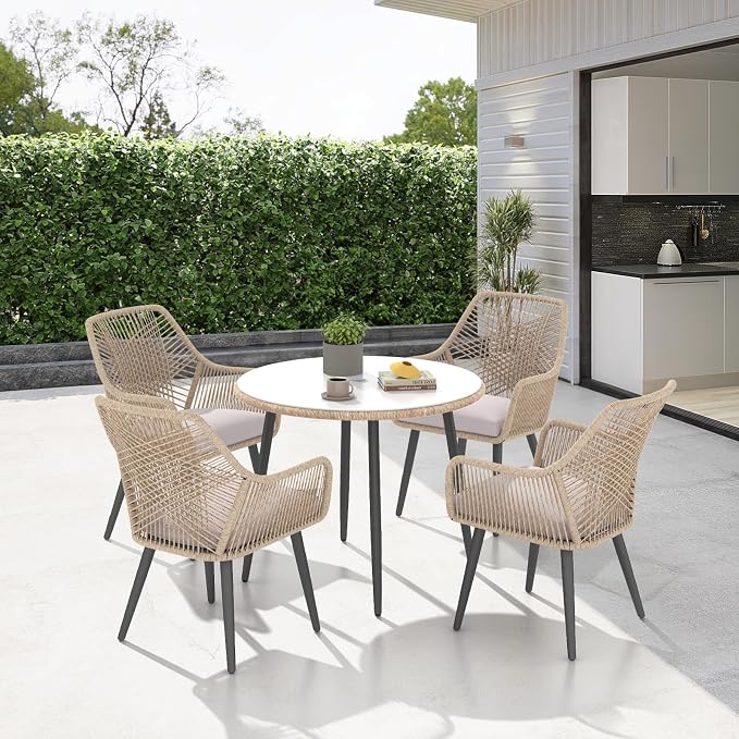 Patiorama 5-Piece Patio Dining Set, Outdoor Dining Table Chair Set, All-Weather Twisted Rattan Wicker Rope Conversation Set, Patio Furniture Set w/Umbrella Hole,Cushioned Chairs&Table(Tan&Cross Back)