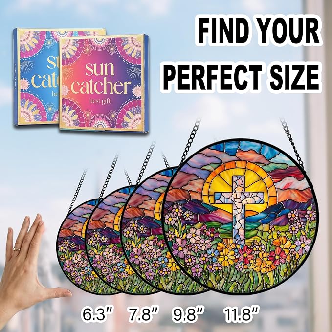 Christian Gifts for Women - Flower Cross Faux Stained Glass Window Hanging Sun Catcher for Acrylic Home Decor Mother's Day Christmas Easter Religion Gift for Mom Nana Men Grandma Wife Dad 6.3"