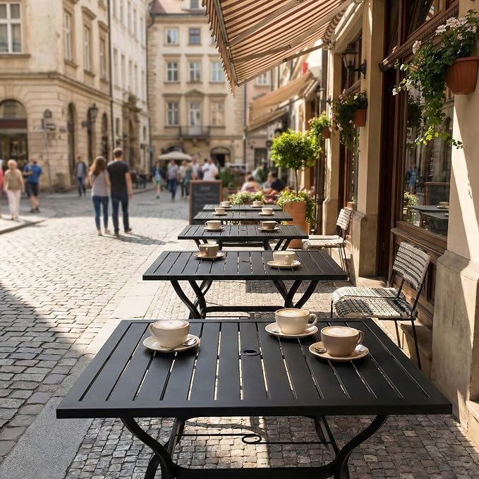 Square Metal Steel Slat Patio Dining Table for 4 Persons, Outdoor Bistro Table with Umbrella Hole, Rust-Resistant Finish for Backyard Garden