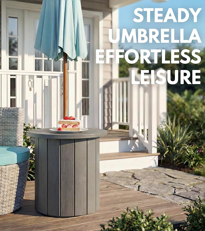PASAMIC 2-in-1 Patio Table Umbrella & Outdoor Side Table, Large Round Small Outdoor Table with Umbrella Hole, Fits 1.5-1.9in Pole, 5Gal Water Bag Base, HDPE for Poolside, Deck, Garden Use, Gray