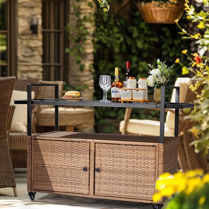 Outvita Patio Bar Table, Weatherproof Buffet Cabinet Wicker Outdoor Storage Cart with 2 Doors & Shelves Glass Tabletop for Tableware Wine Bottle and Glass, Towels, and Potting Supplies
