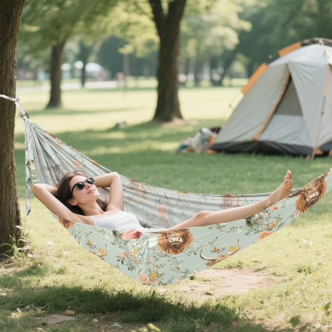 Camping Hammock Outdoor Hammocks for Outside Buffalo Cows Flower Beach Trees Portable Lightweight with Pockets Tree Straps Indoor Small