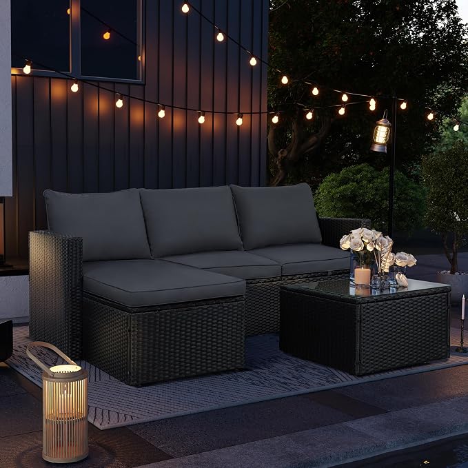 SUNLEI Patio Furniture Set with Detachable Soft Cushions, 3-Piece Patio Sectional Sofa, All Weather Outdoor PE Rattan Patio Conversation Sofa Set with Glass Coffee Table & Ottoman, Black Rattan/Grey