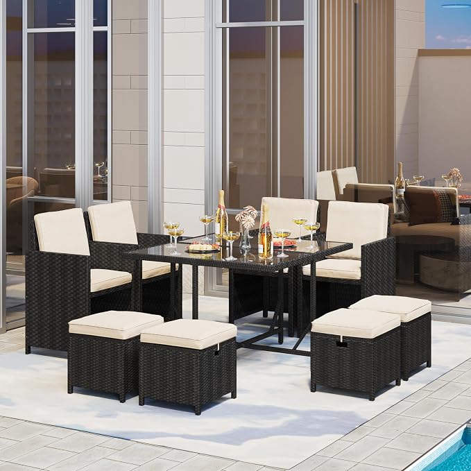 Topeakmart 8 Seater Rattan Garden Furniture Sets Dining Glass Table and Chairs with Cushions, Outdoor Wicker Patio Sectional Conversation Set, Black