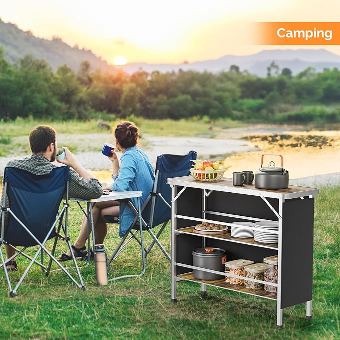 VINGLI 43" Portable Bar Table, 3-Tier Shelves, Carry Bag,Mobile Bar Table for Events, Party, Camping, Picnic, Tradeshow, Outdoor & Indoor with Black Skirt(2, 43") (2) (Natural, 43")
