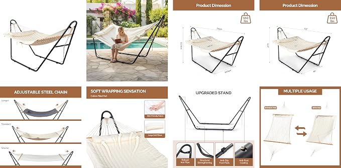 Double Hammock with Stand,Heavy Duty Portable Outdoor Hammock for 2 Person,Detachable Hammock Bed for Outside,550 LBS Capacity,for Patio, Garden, Backyard & Beach (Beige)