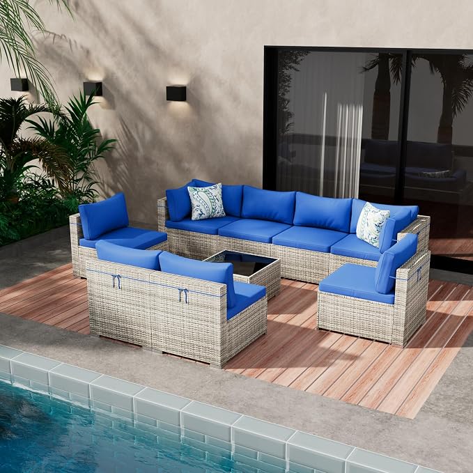 Tradare 9 Piece Patio Furniture Set, Outdoor Wicker Patio Sofa Set, PE Rattan Sectional Couch with Glass Table and Blue Cushions, All-Weather 9 Piece Outdoor Patio Furniture Sets, Grey