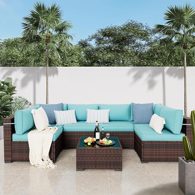 Amopatio Patio Furniture Sets with Waterproof Cover 7 Pieces Patio Conversation Set Outdoor Sectional Wicker Rattan Sofa,Patio Furniture with Pillows Fits Porch Garden Backyard Balcony(Sky-Blue)