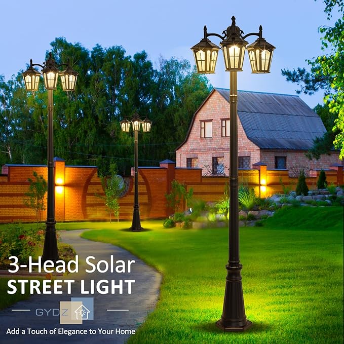 3-Head Solar Outdoor Street Light with Dusk to Dawn Sensor, Aluminum Exterior Pole Light with Water Ripple Glass, Classic Waterproof Black Solar Lamp Post Lights for Backyard, Garden, Driveway