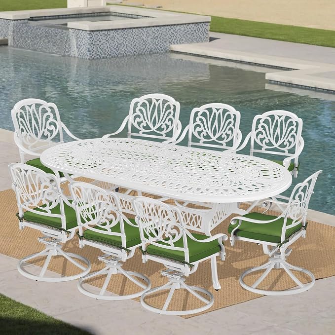 VIVIJASON 9-Piece Patio Furniture Dining Set, All-Weather Cast Aluminum Outdoor Conversation Set Include 8 Swivel Dining Chairs and an Oval Table with Umbrella Hole, White/Green Cushion
