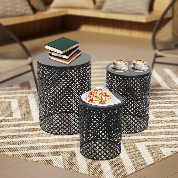 Nesting Tables Set of 3, Outdoor Side Table, Metal Frame Accent Table for Gardens, Balconies, bedrooms, Living Rooms, Kitchens, cafes, Black