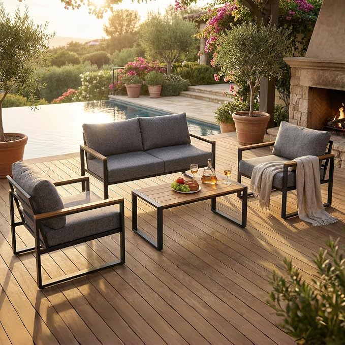 Furnimart 4-Piece Metal Patio Conversation Set, Deep Seating Outdoor Sofa with Coffee Table, Modern Small Space Furniture for Backyard, Deck, Poolside, Porch (Gray)