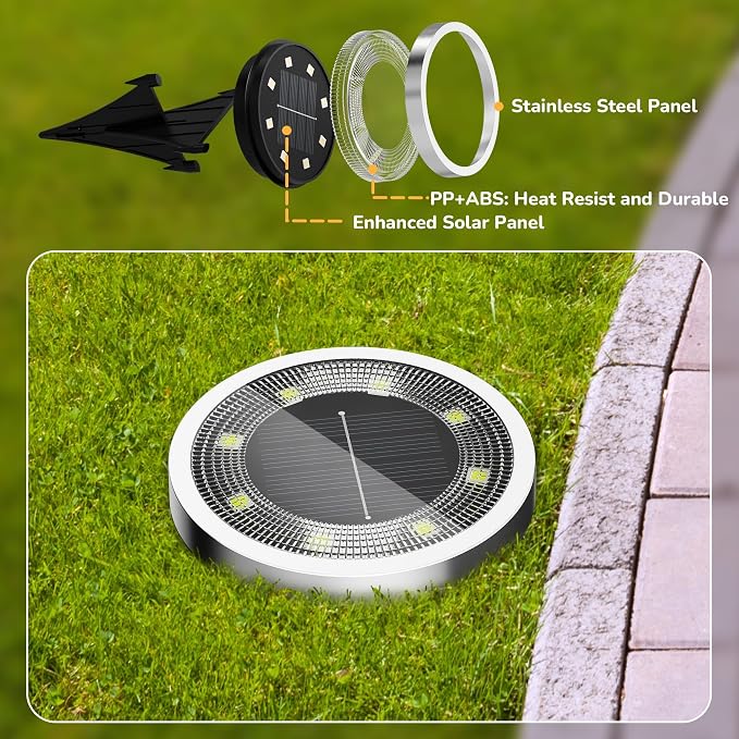 INCX 16Pack Solar Ground Lights Outdoor, 8 LED, IP65 Waterproof, Cold White | 600mAh Ni-MH battery, 8-10h runtime, stainless steel, ABS and PP body, solar garden lights for pathways, lawns and driveways