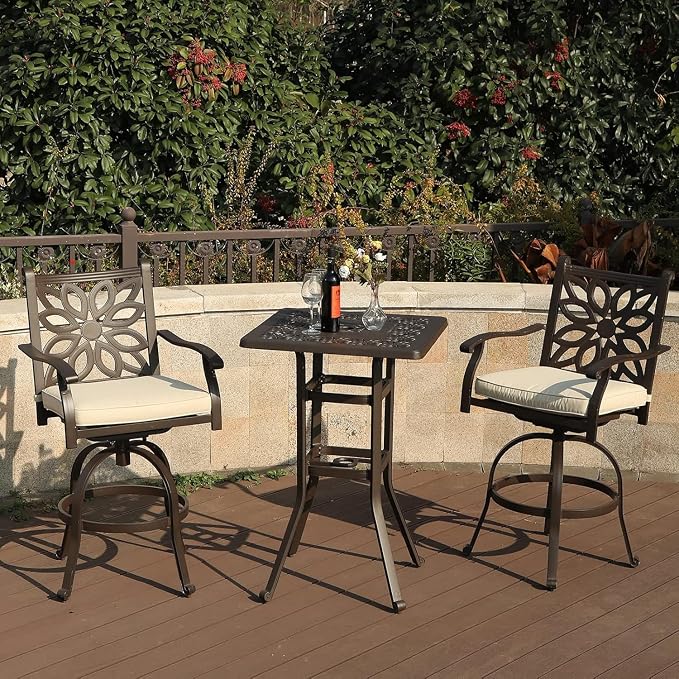 MFSTUDIO 27.5” Square Cast Aluminum Bar Height Patio Table, 42” Outdoor Bar Table with 1.75” Umbrella Hole for Bistro,Backyard,Brown