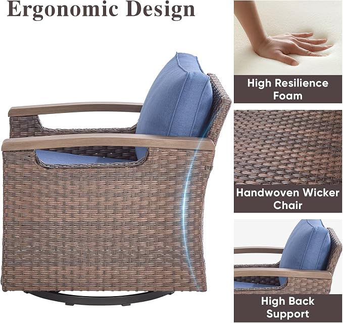Rilyson Outdoor Patio Wicker Swivel Rocker Chairs Set of 2 Blue, All Weather Rattan Outdoor Patio Furniture Set, Metal Armrest, Deep Seating, Ideal for Deck Porch Backyard