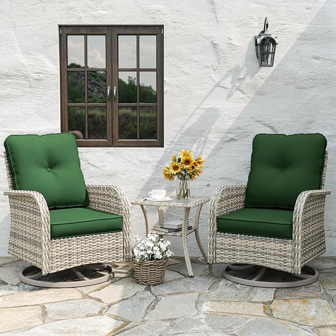 Patio Rocking Swivel Chairs Outdoor Wicker Rattan Bistro Set with Tempered Glass Side Table, Outdoor Patio Furniture Set for Garden, Deck, and Balcony, Dark Green