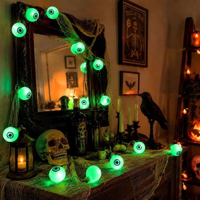 Crazy Night Halloween String Lights 10Ft 20 LEDs Battery Operated Green Eyeball Lights with Steady Flashing Modes Halloween Party Decor